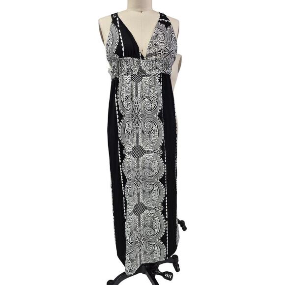 NWT Second Skin Lace Razor Back Polyester Maxi Dress Black/White Sz L - Picture 1 of 7